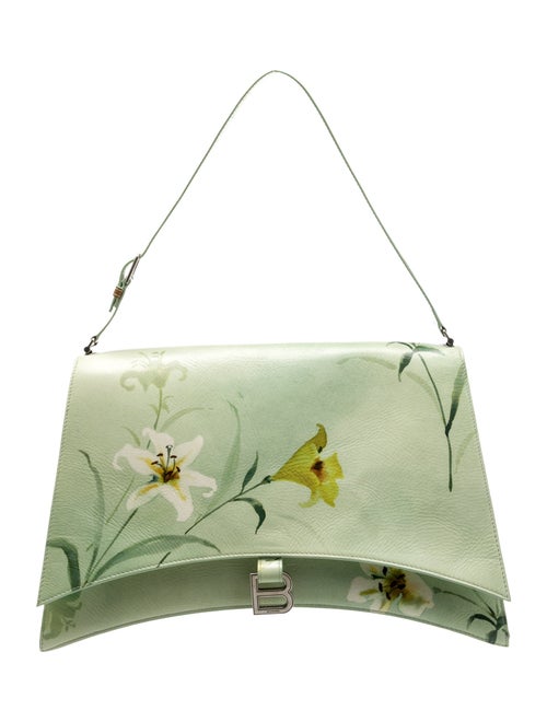 Balenciaga Leather Shiny Paper Calfskin Floral Printed Large Crush Sling Bag Green