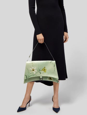 Balenciaga Leather Shiny Paper Calfskin Floral Printed Large Crush Sling Bag Green