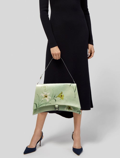 Balenciaga Leather Shiny Paper Calfskin Floral Printed Large Crush Sling Bag Green