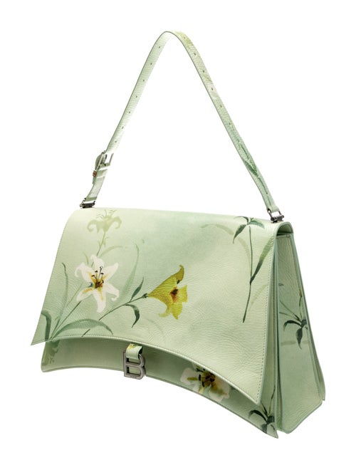 Balenciaga Leather Shiny Paper Calfskin Floral Printed Large Crush Sling Bag Green