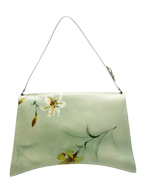 Balenciaga Leather Shiny Paper Calfskin Floral Printed Large Crush Sling Bag Green