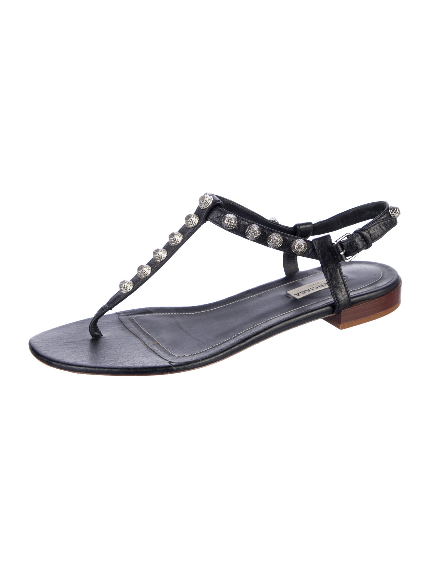 Balenciaga Leather Studded Accents T-Strap Sandals