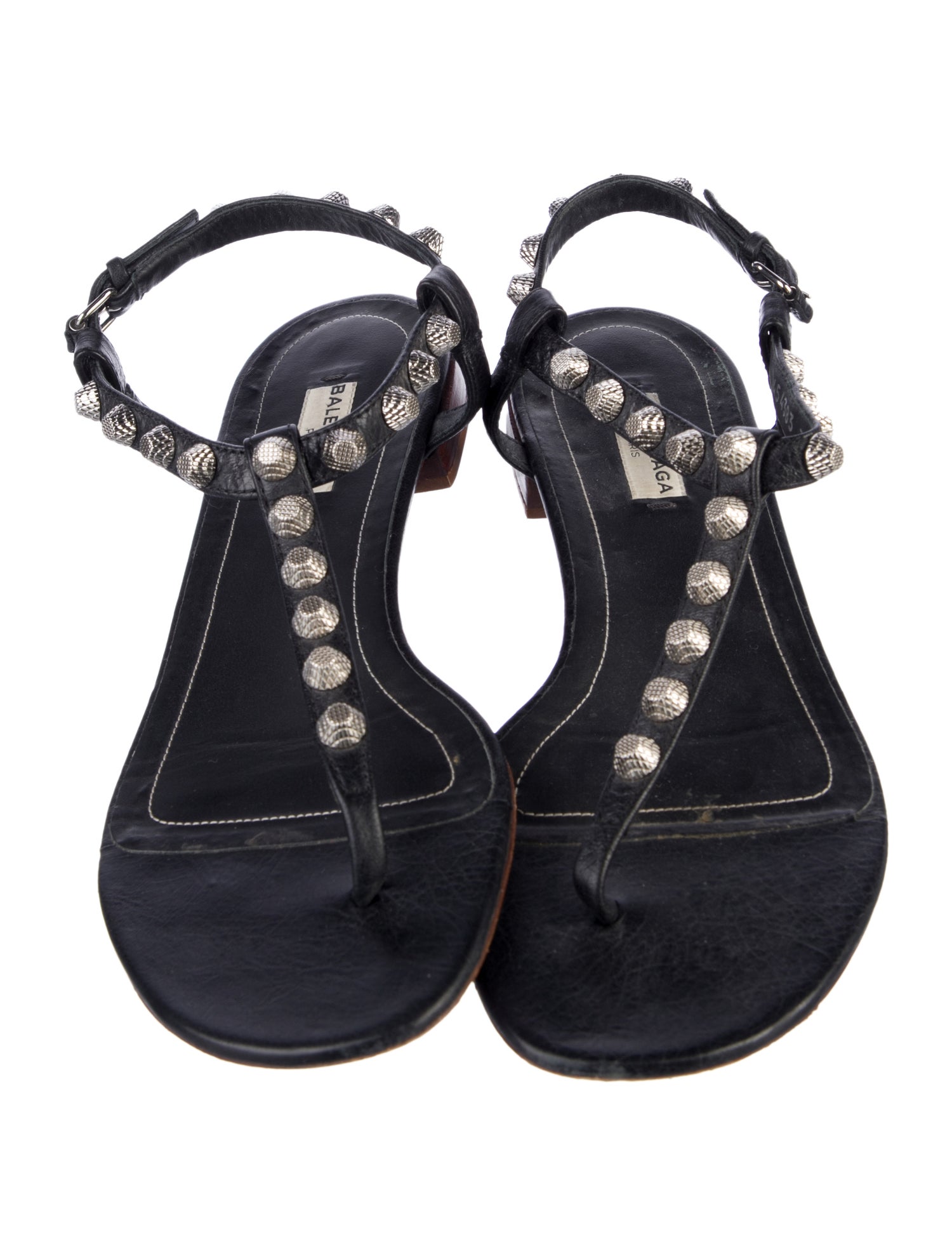 Balenciaga Leather Studded Accents T-Strap Sandals