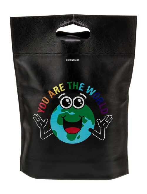 Balenciaga Leather Calfskin Printed You Are The World Plastic Bag Shopper S Black Medium