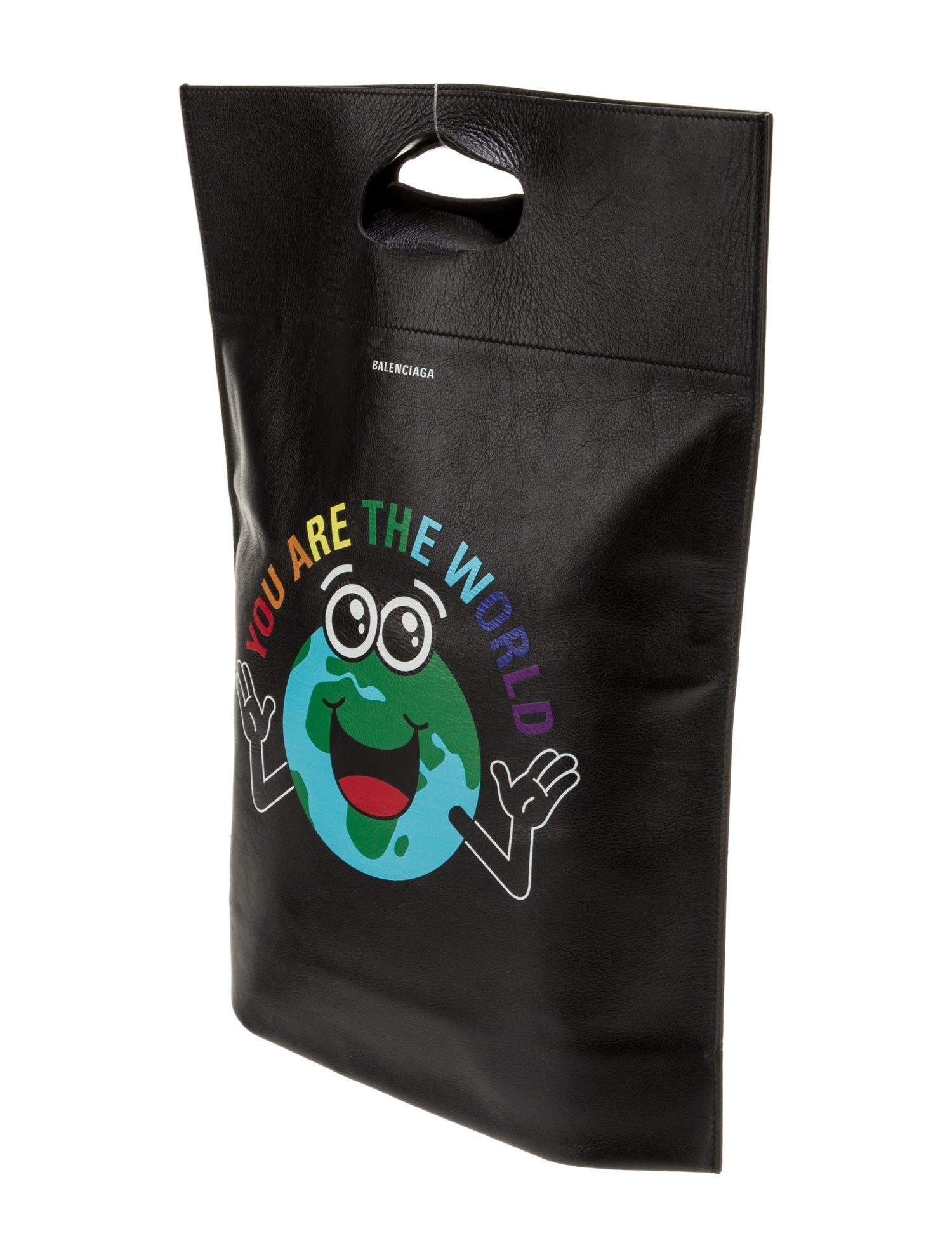 Balenciaga Leather Calfskin Printed You Are The World Plastic Bag Shopper S Black Medium