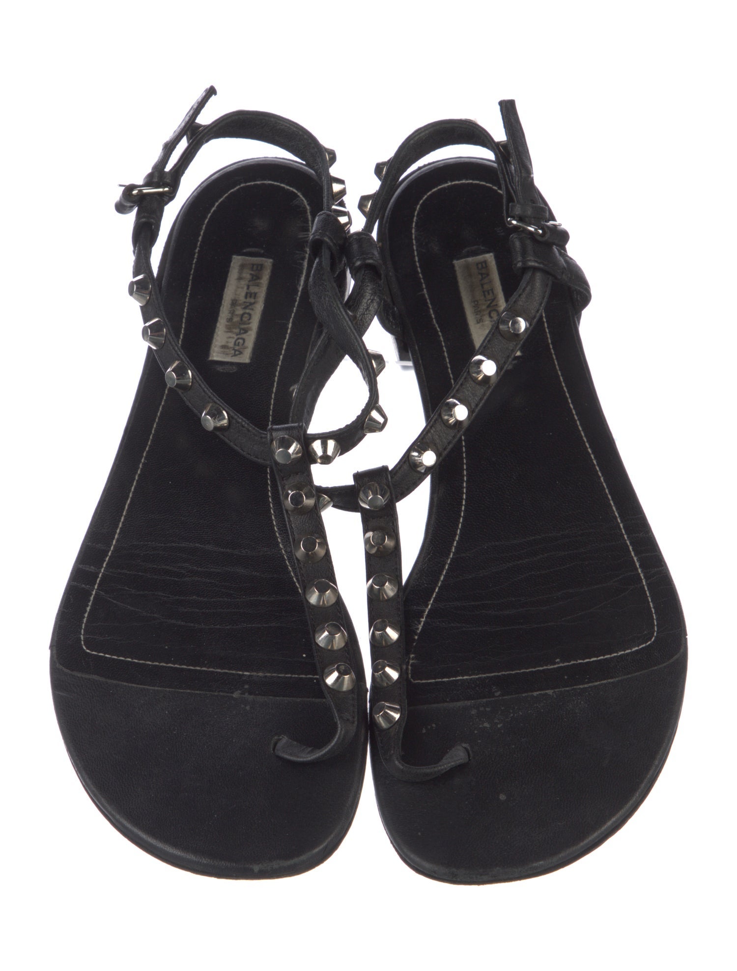 Balenciaga Leather Studded Accents T-Strap Sandals