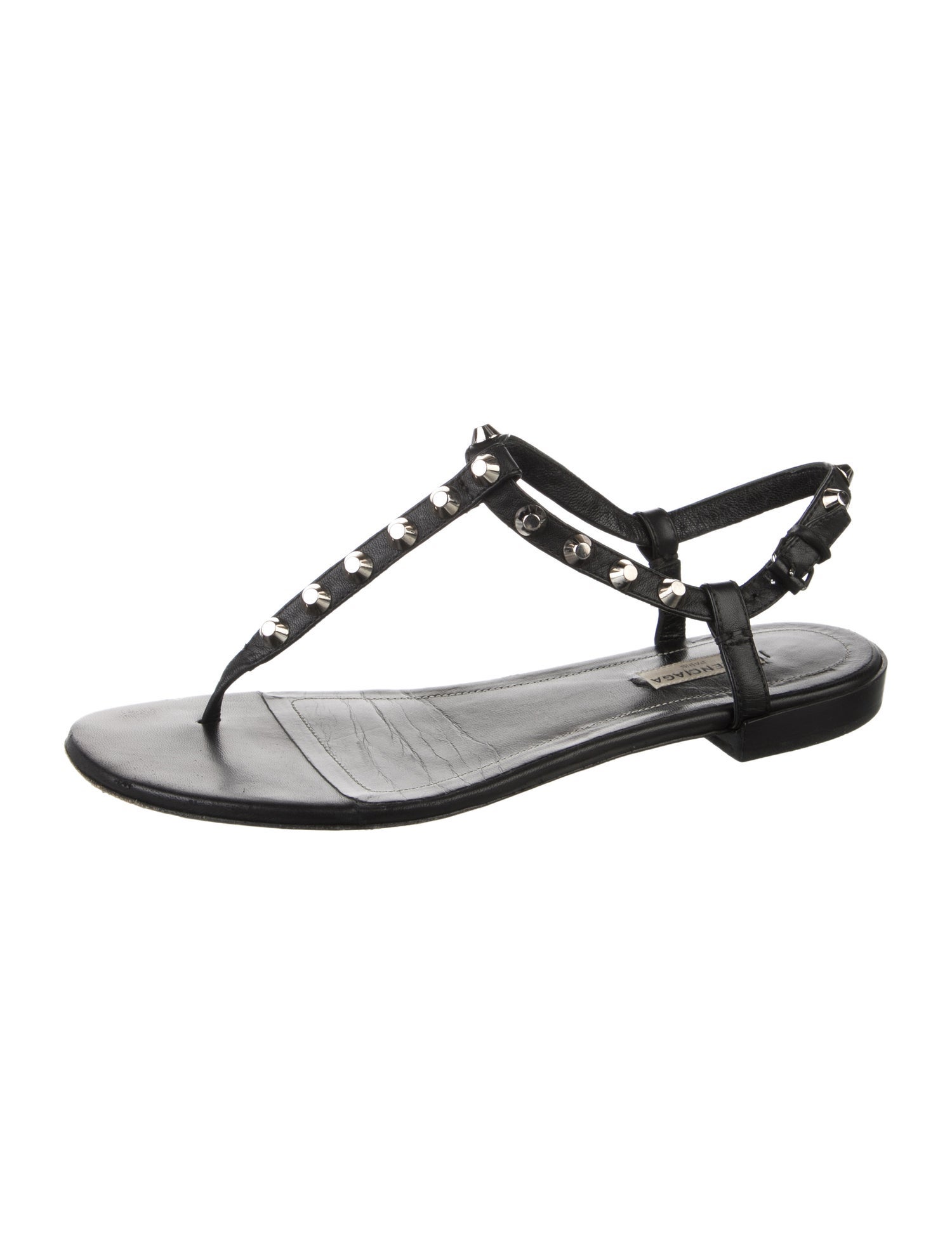 Balenciaga Leather Studded Accents T-Strap Sandals
