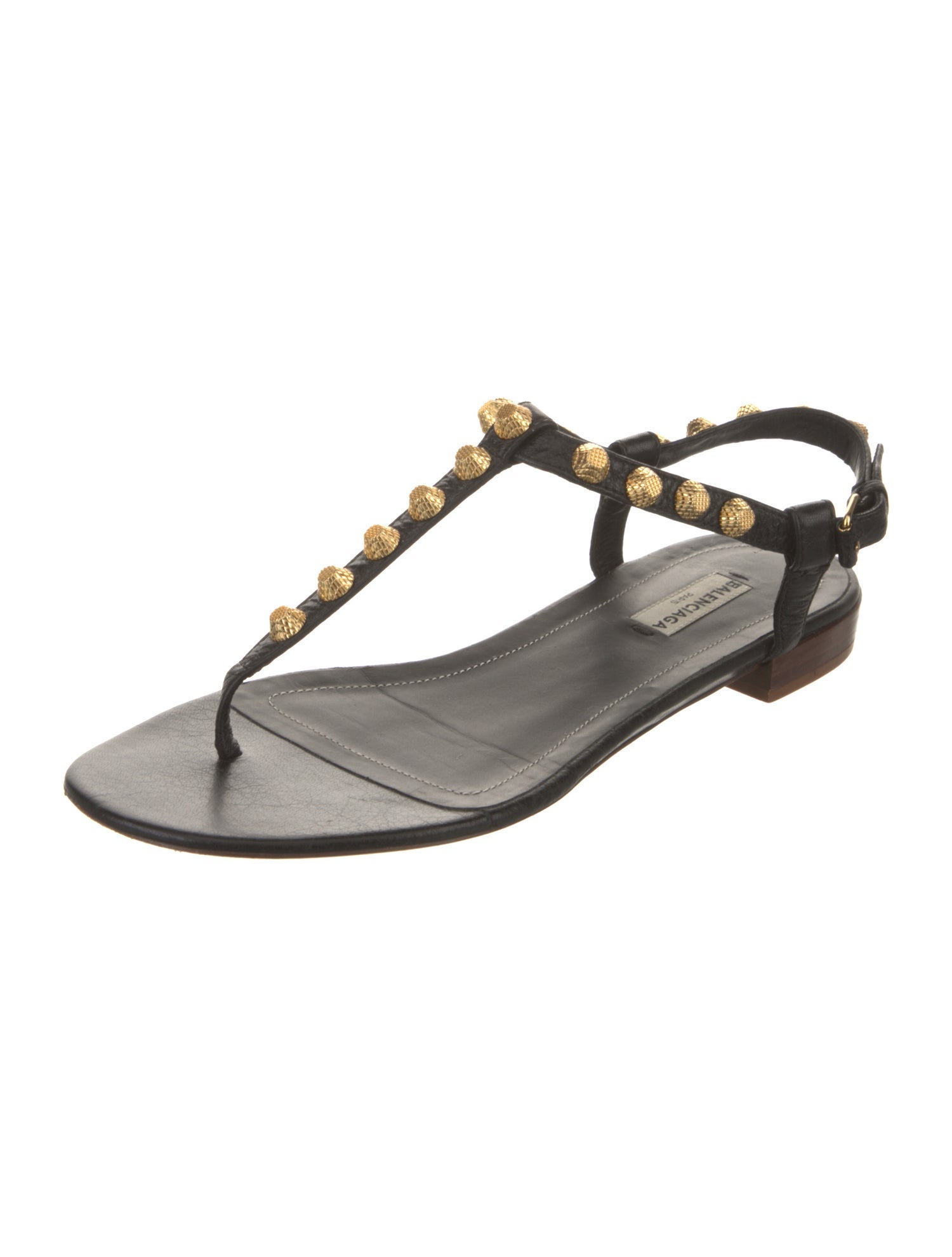 Balenciaga Leather Studded Accents T-Strap Sandals