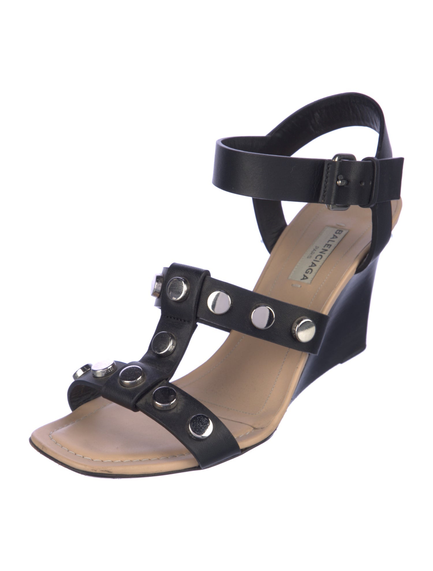 Balenciaga Leather Studded Accents T-Strap Sandals