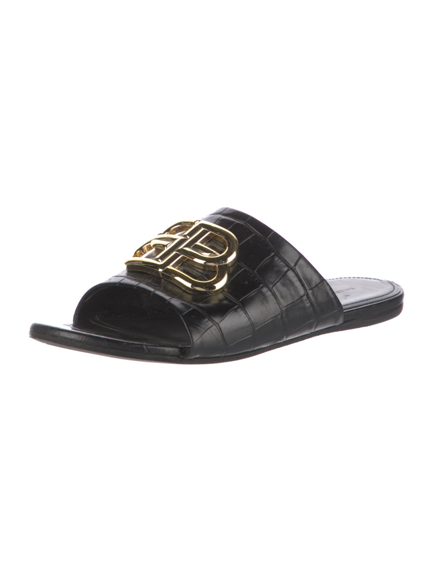 Balenciaga Signature Logo Embossed Leather Slides