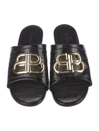 Balenciaga Signature Logo Embossed Leather Slides