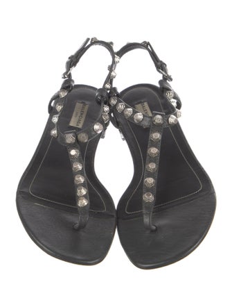 Balenciaga Leather Studded Accents T-Strap Sandals