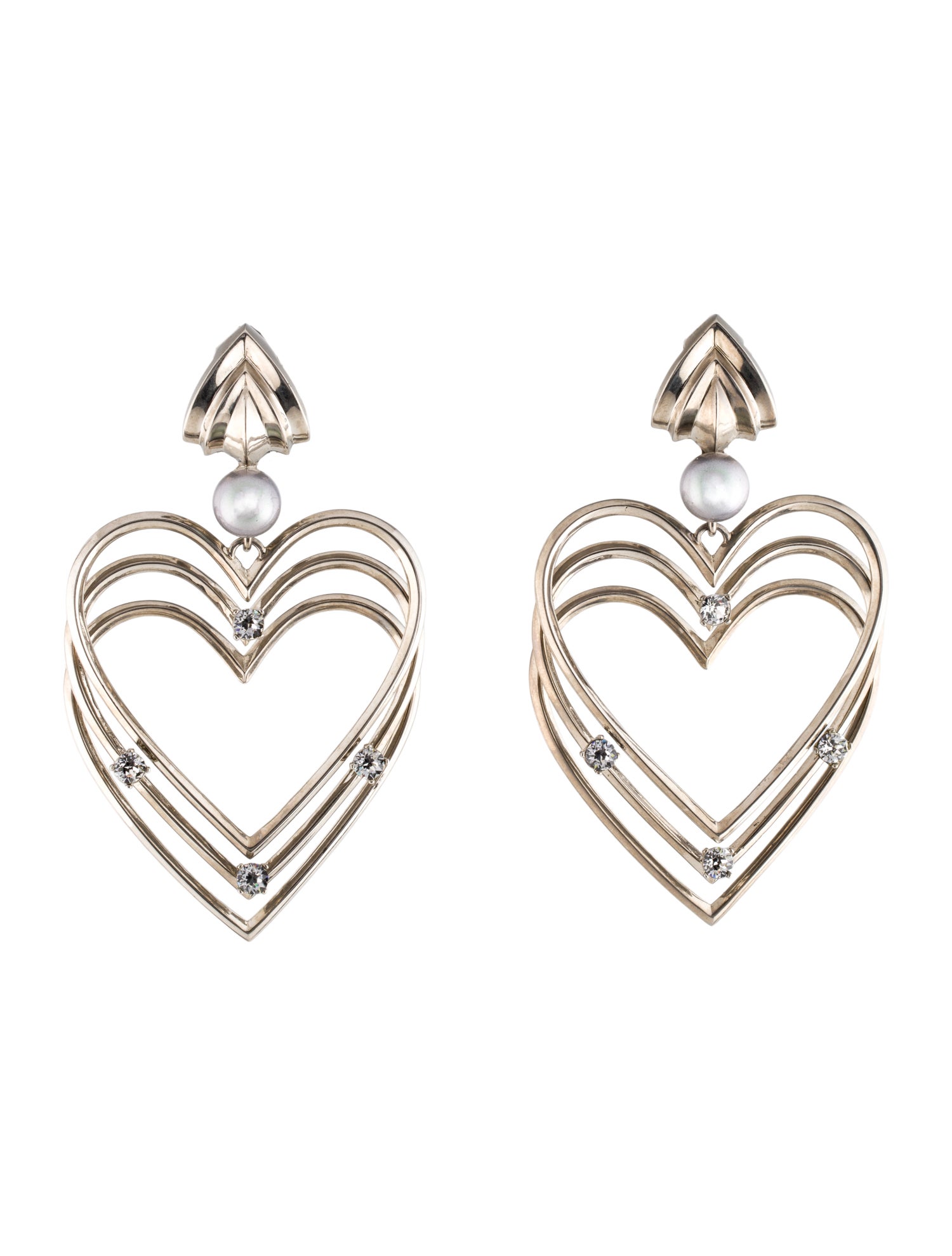 Balenciaga Faux Pearl & Crystal Heart Clip-On Drop Earrings