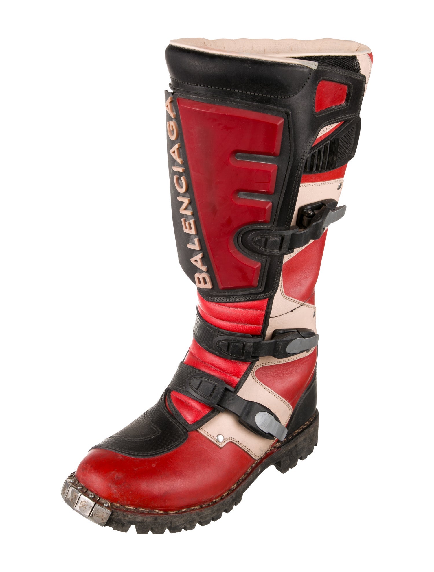 Balenciaga Leather Colorblock Pattern Moto Boots