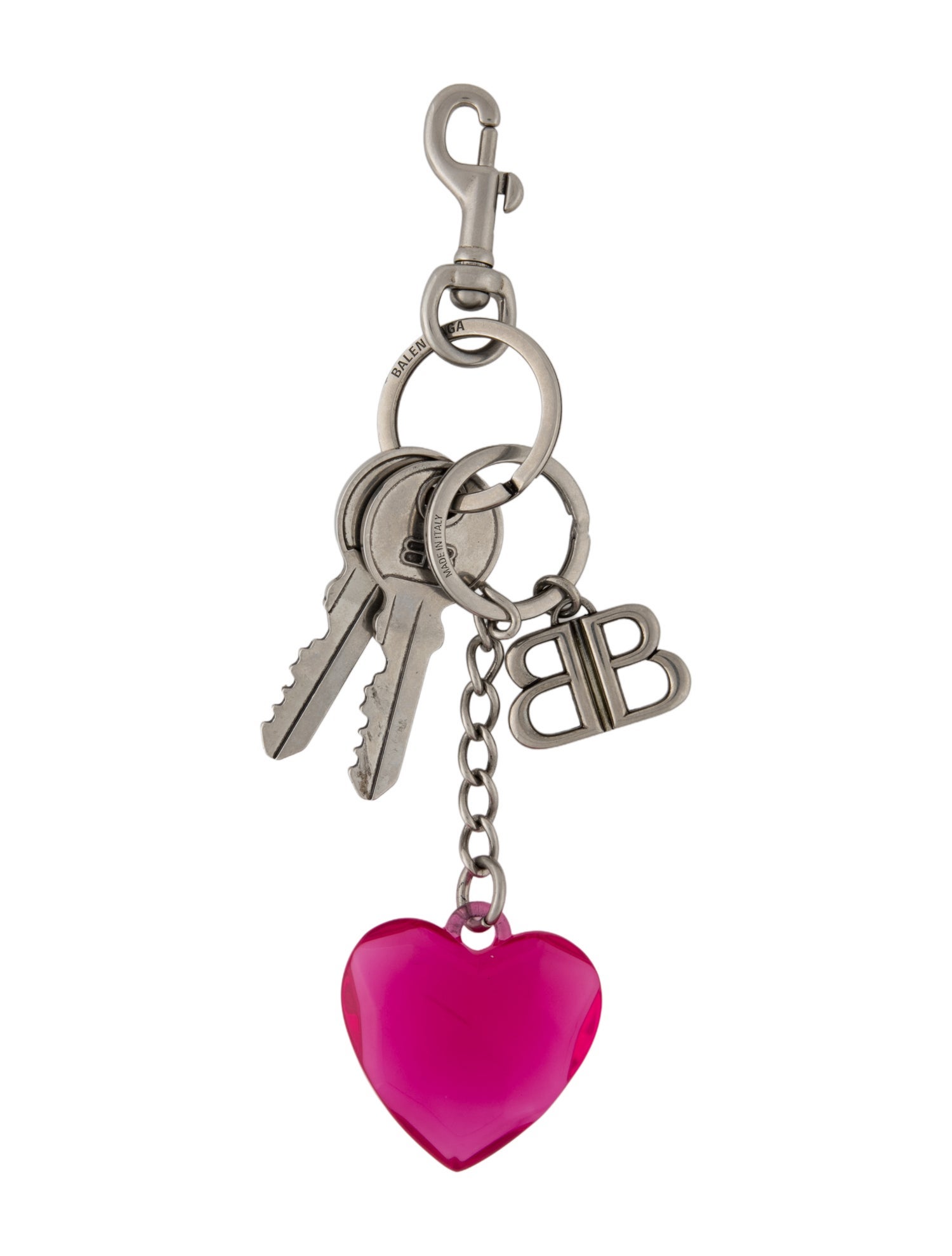 Balenciaga BB Logo Engraved Key Bag Charm With Heart Shaped Crystal Charm
