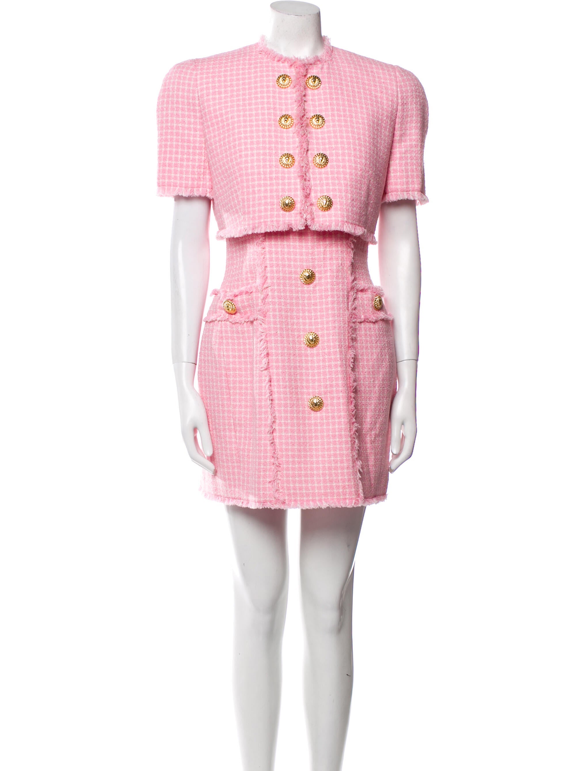 Balmain Tweed Pattern Raw-Edge Trim Dress Set