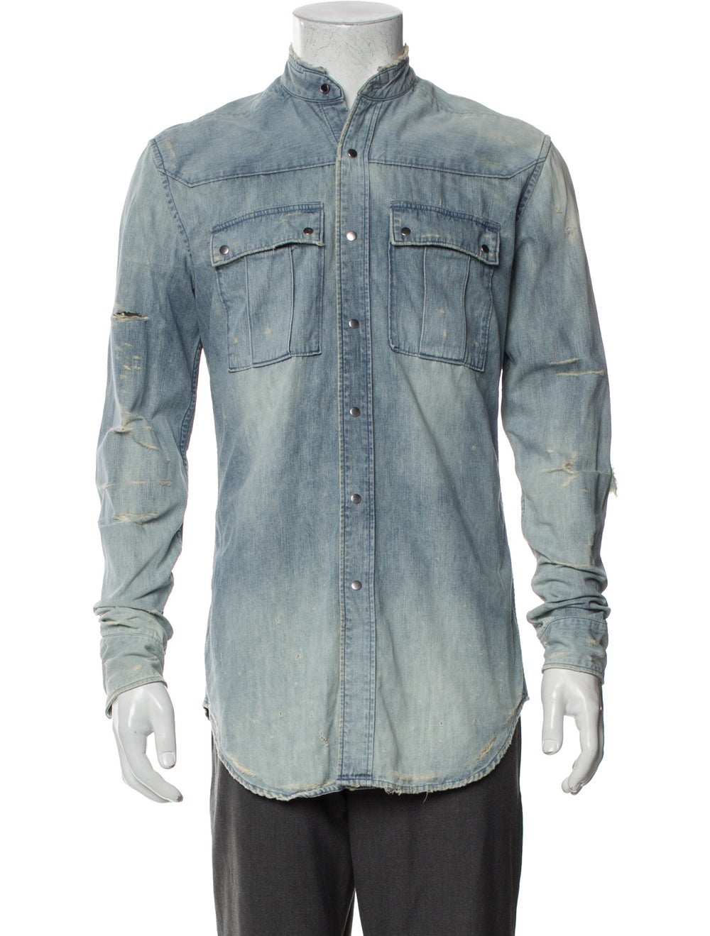 Balmain Denim Shirt Blue Raw-Edge Distressed Accents Collar Long