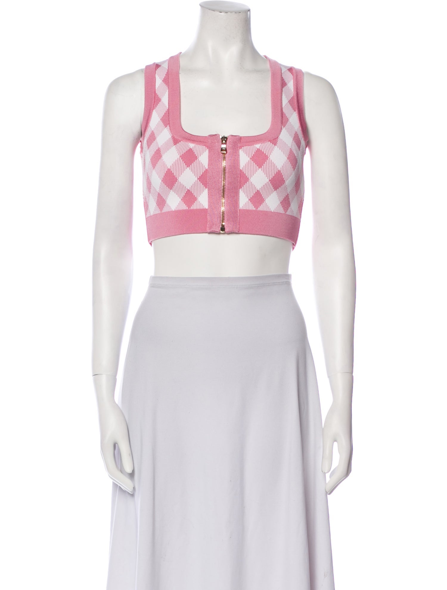 Balmain Plaid Print Square Neckline Crop Top