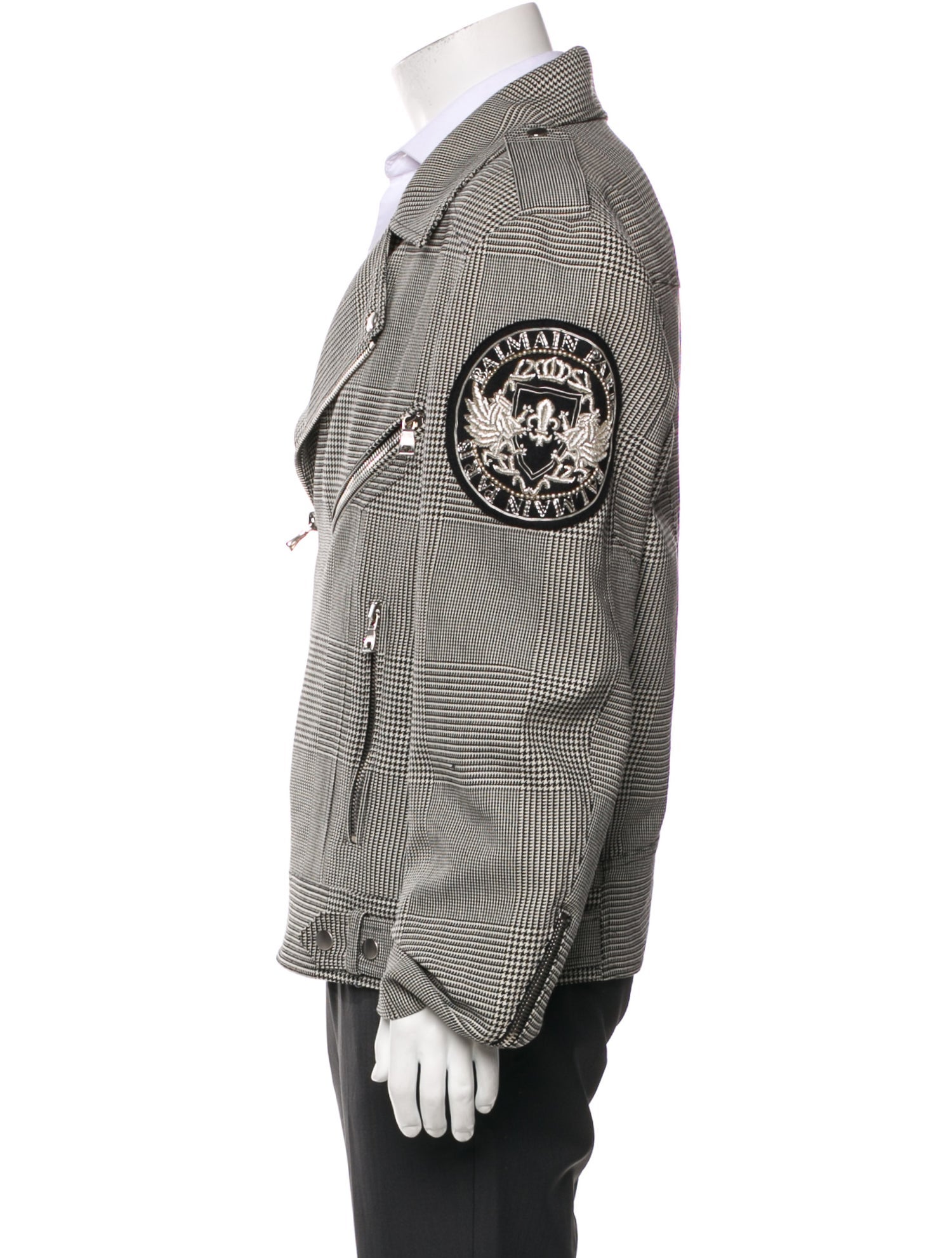 Balmain Virgin Wool Houndstooth Print Moto Jacket