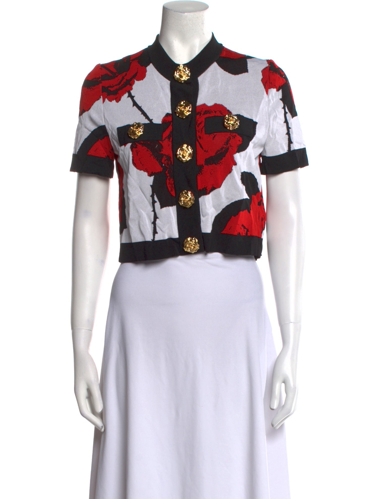 Balmain Floral Print Short Sleeve Crop Top