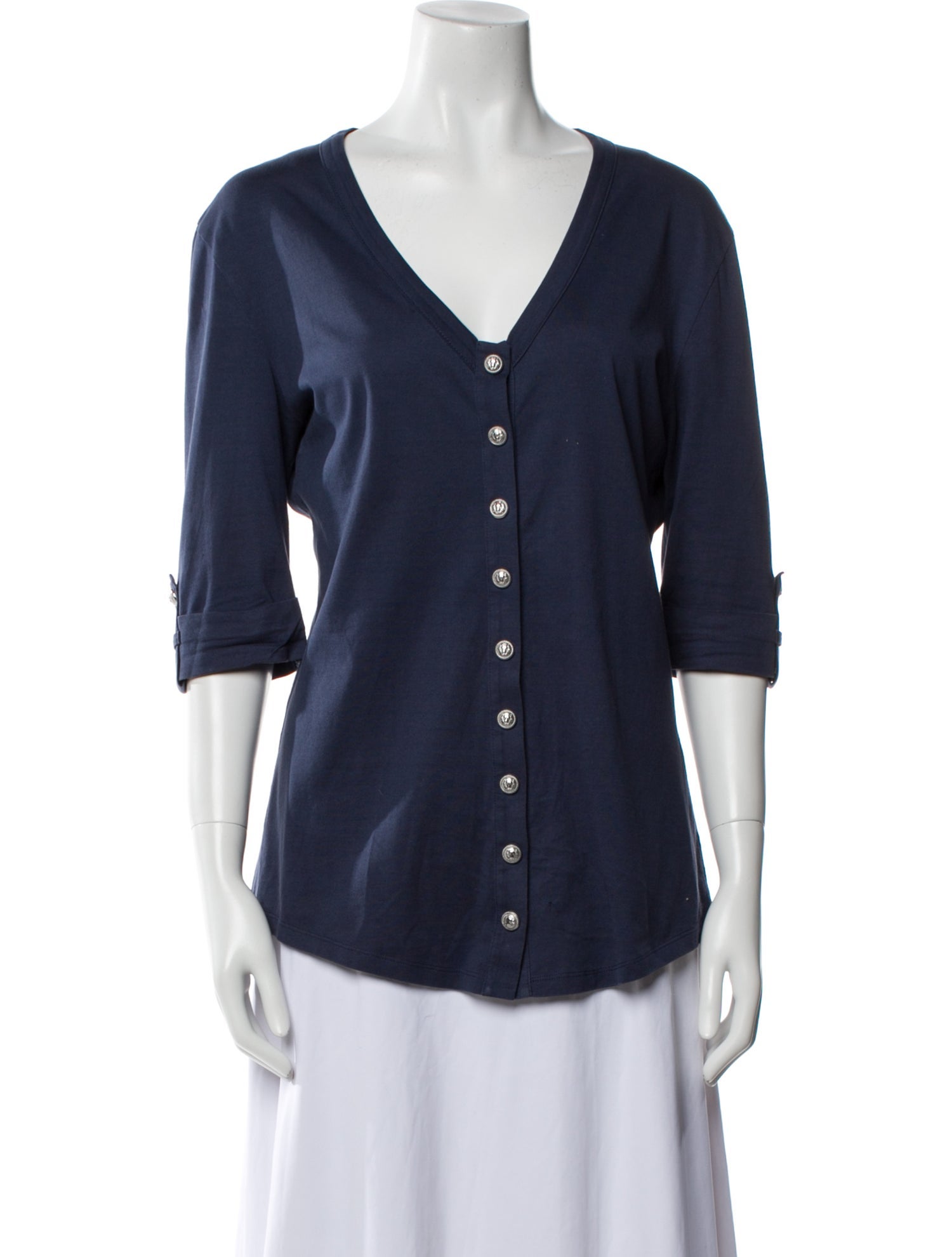 Balmain V-Neck Three-Quarter Sleeve Button-Up Top