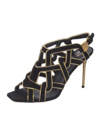 Balmain Suede Colorblock Pattern Slingback Sandals