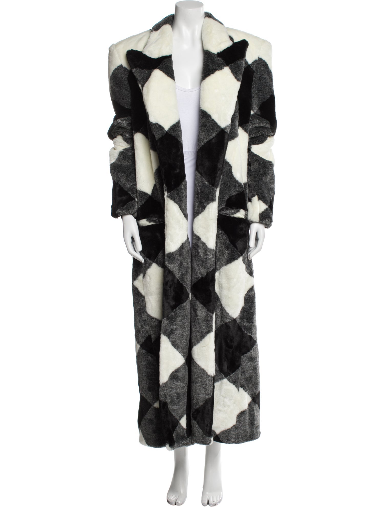 Balmain Faux Fur Plaid Print Faux Fur Coat