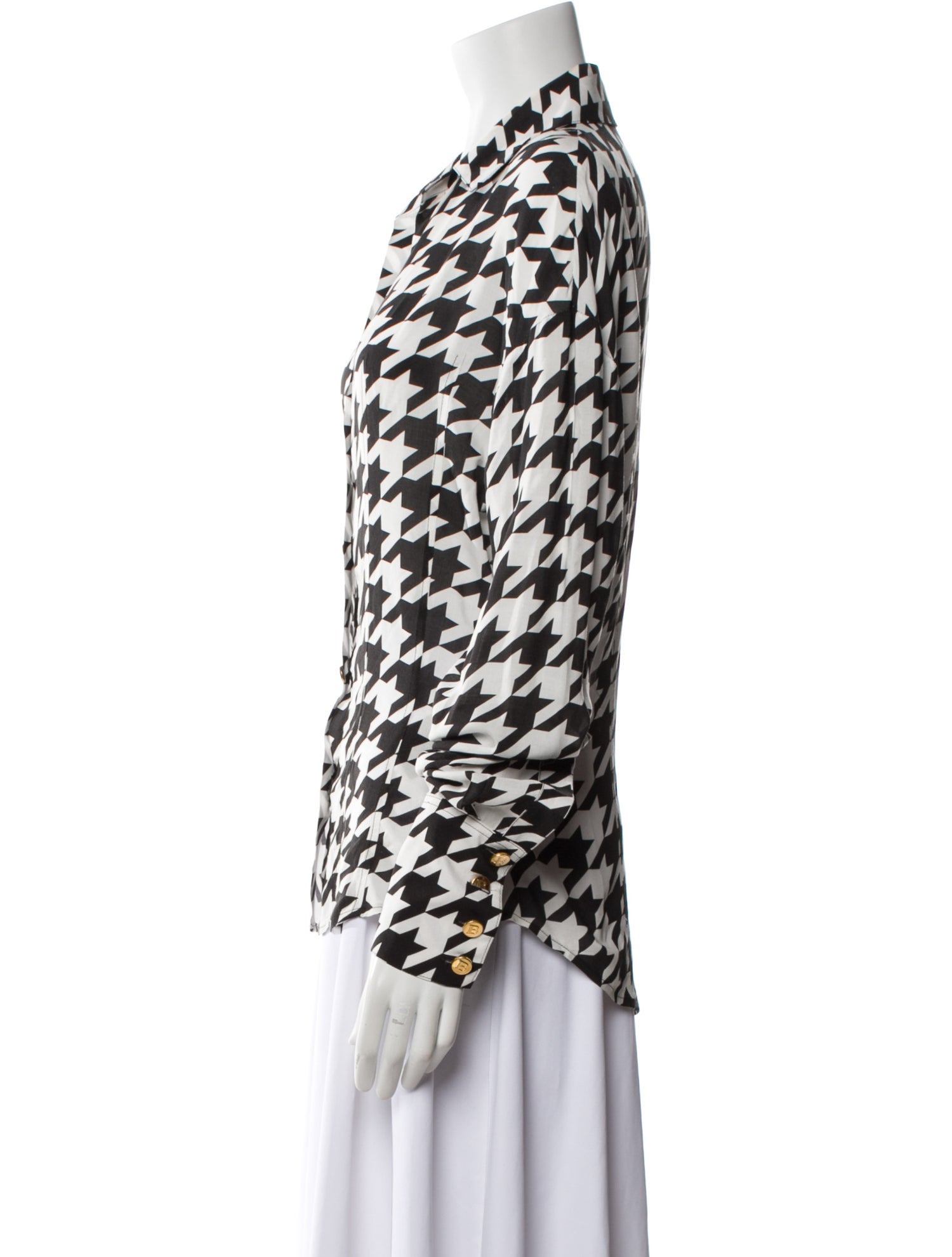 Balmain Houndstooth Print Long Sleeve Button-Up Top
