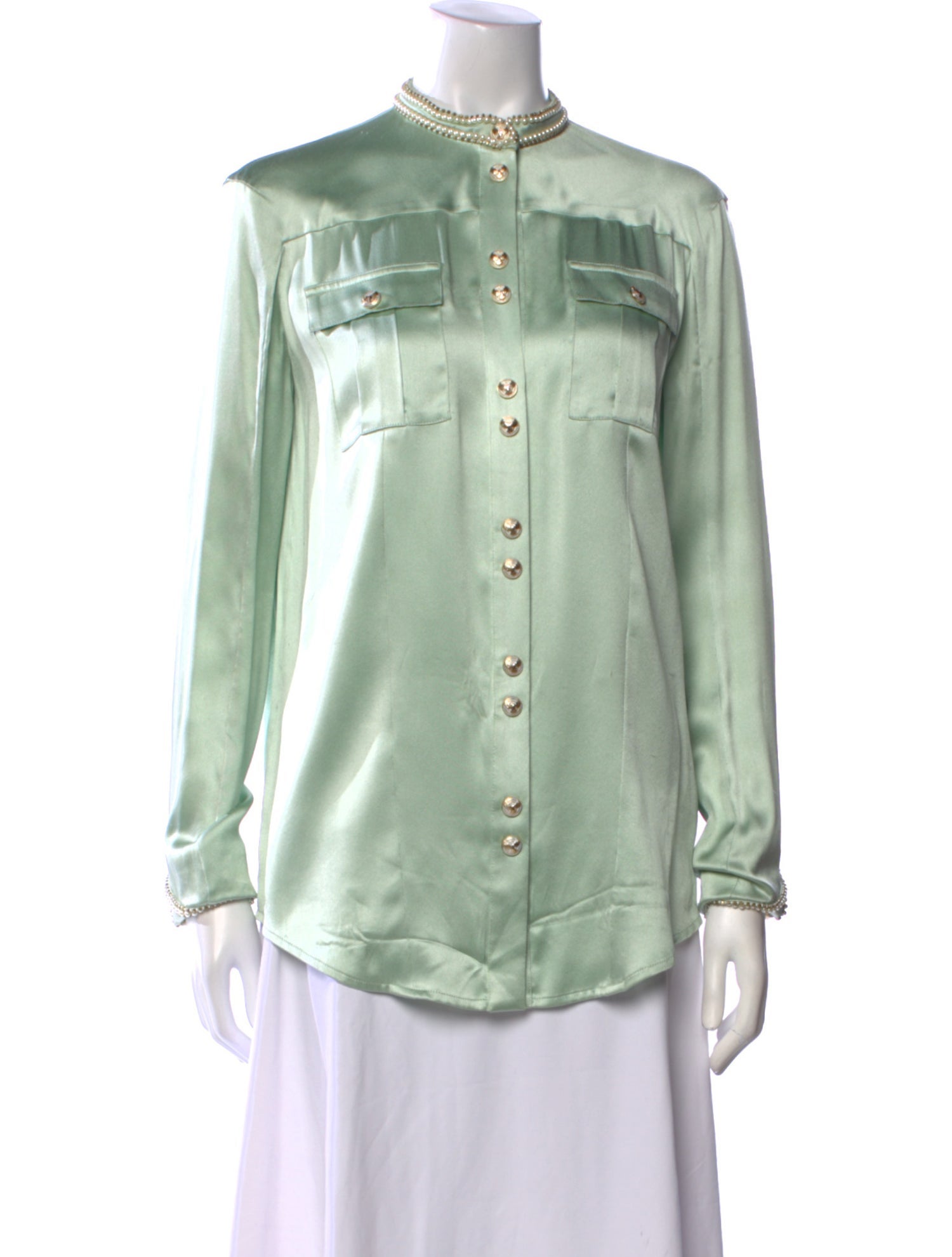 Balmain Silk Mock Neck Button-Up Top