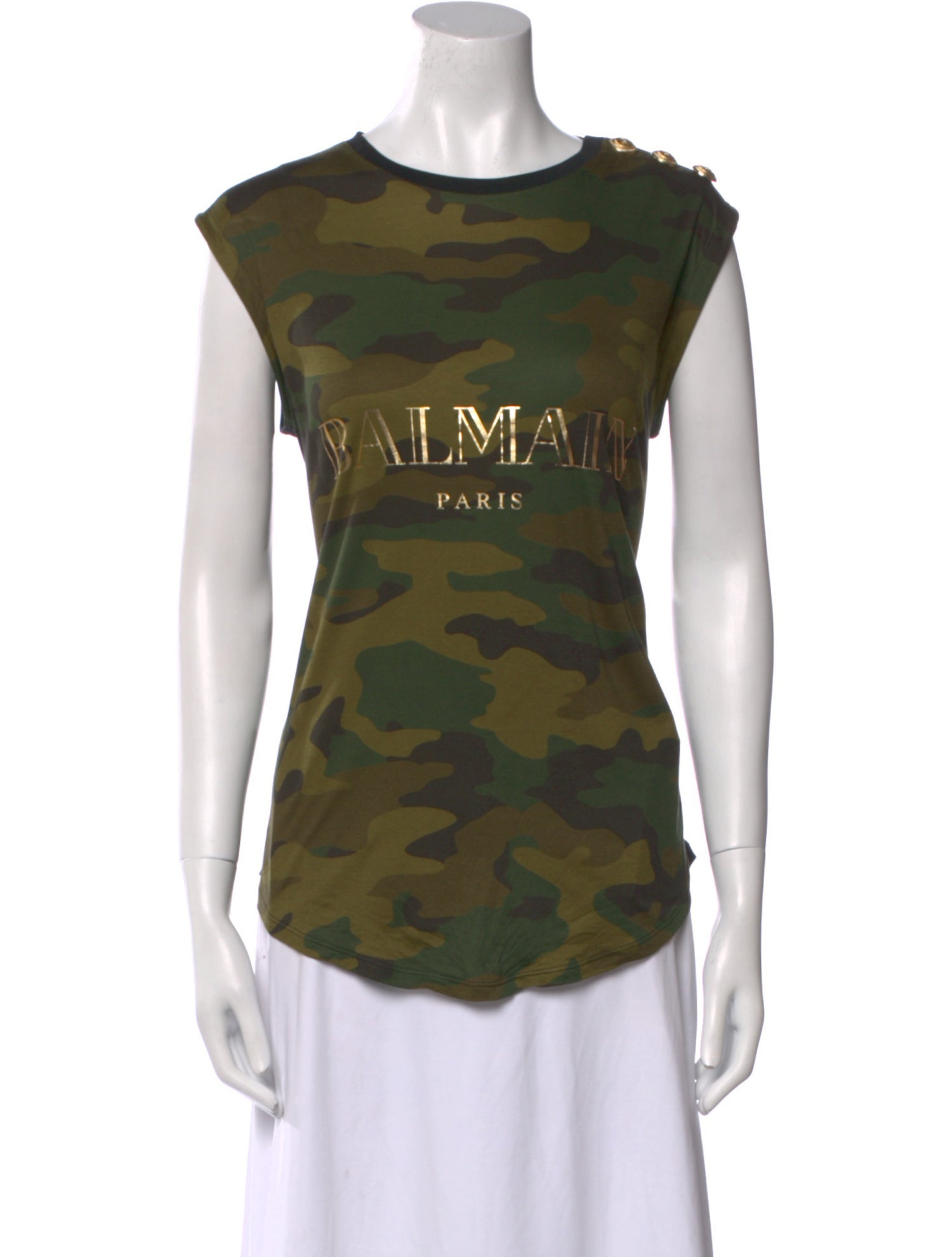 Balmain Camouflage Print Bateau Neckline T-Shirt