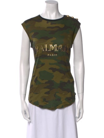 Balmain Camouflage Print Bateau Neckline T-Shirt