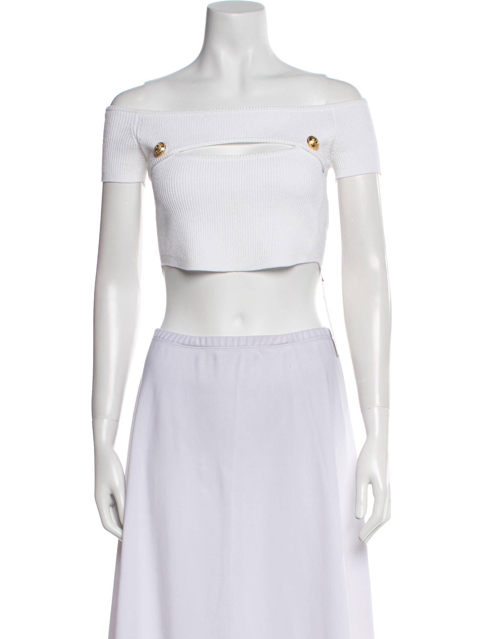 Balmain Off-The-Shoulder Short Sleeve Crop Top