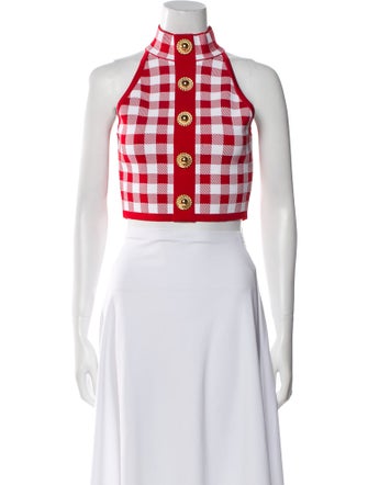 Balmain Plaid Print Halterneck Crop Top