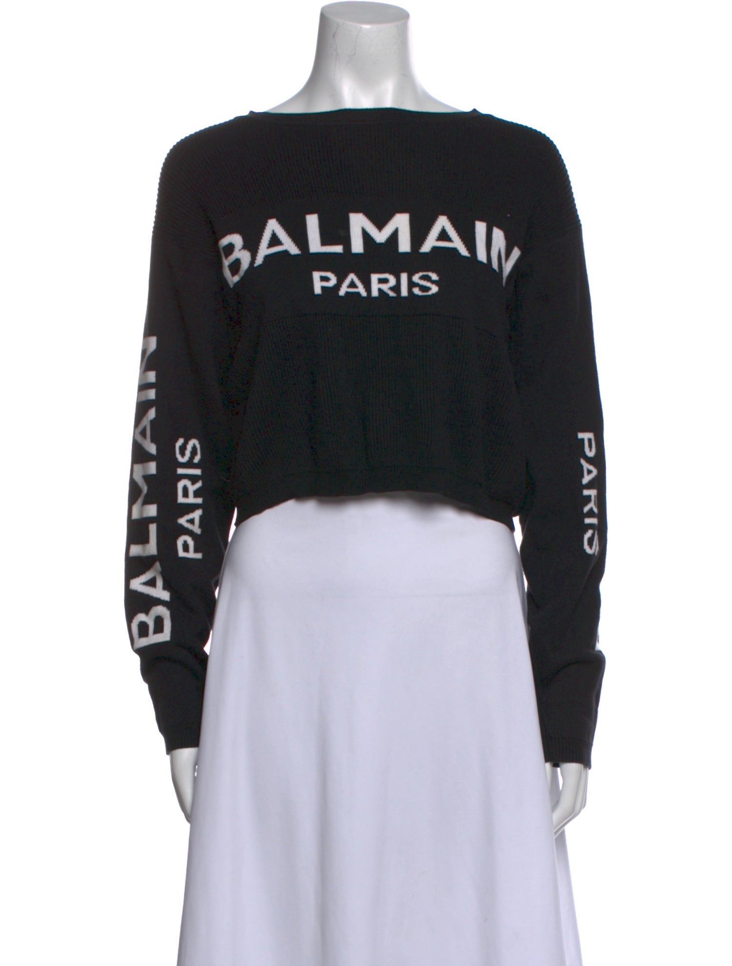 Balmain Graphic Print Bateau Neckline Crop Top