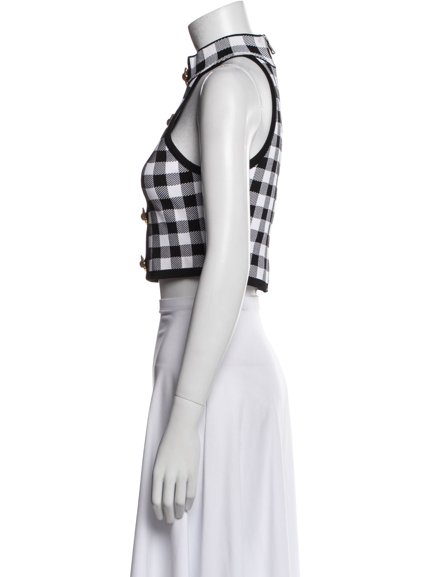 Balmain Plaid Print Mock Neck Crop Top