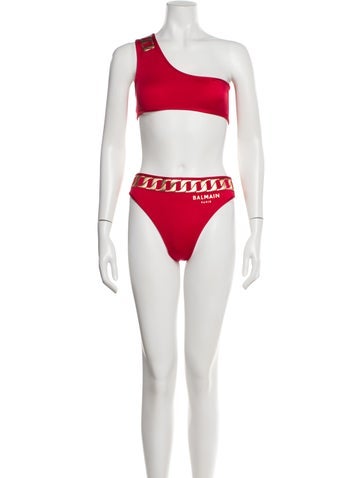 Pre-owned Balmain Graphic Print Embroidered Accent Bikini W/ Tags In Red