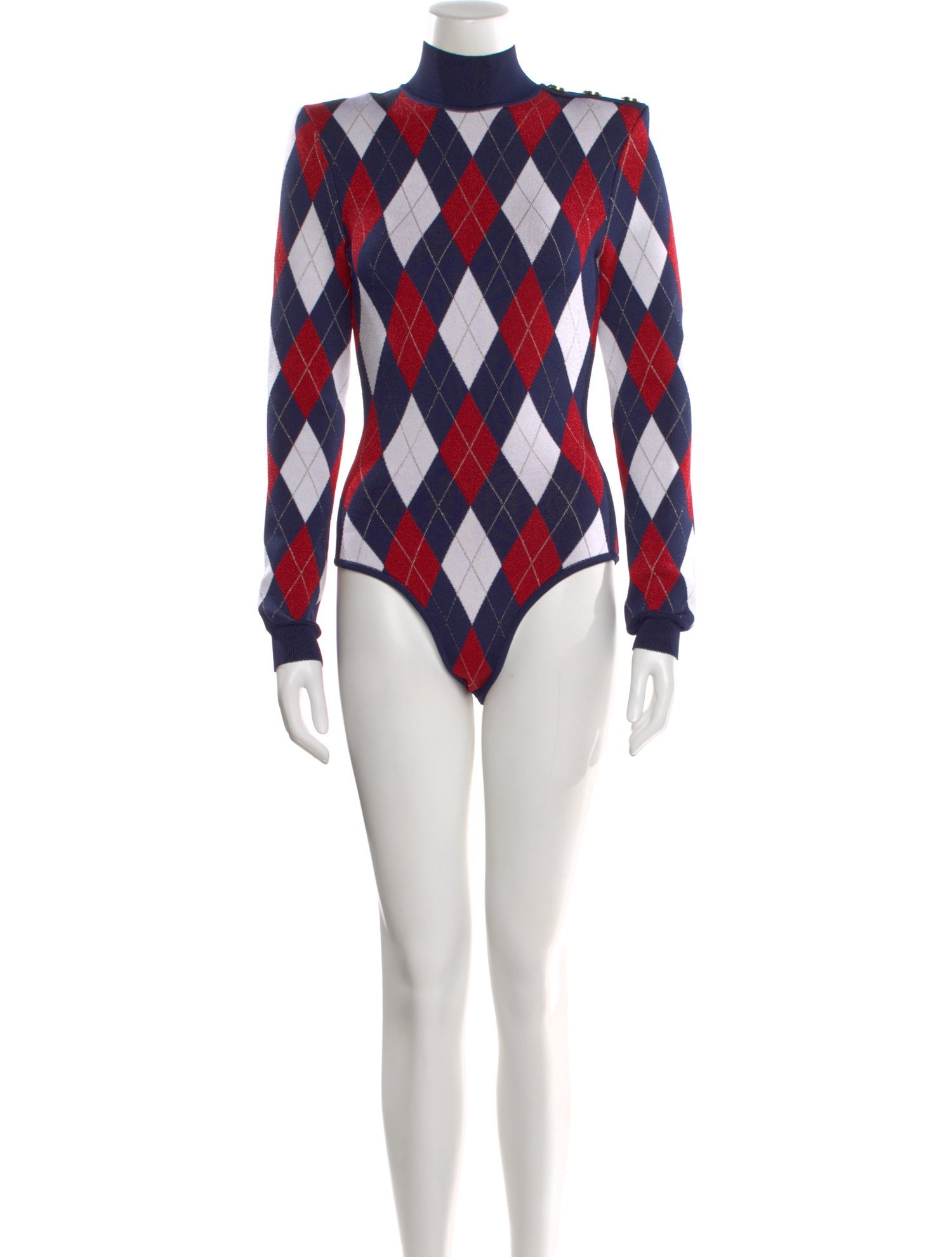 Balmain Plaid Print Mock Neck Top