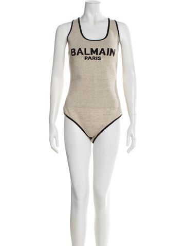 Pre-owned Balmain Linen Graphic Print Bodysuit In Neutral