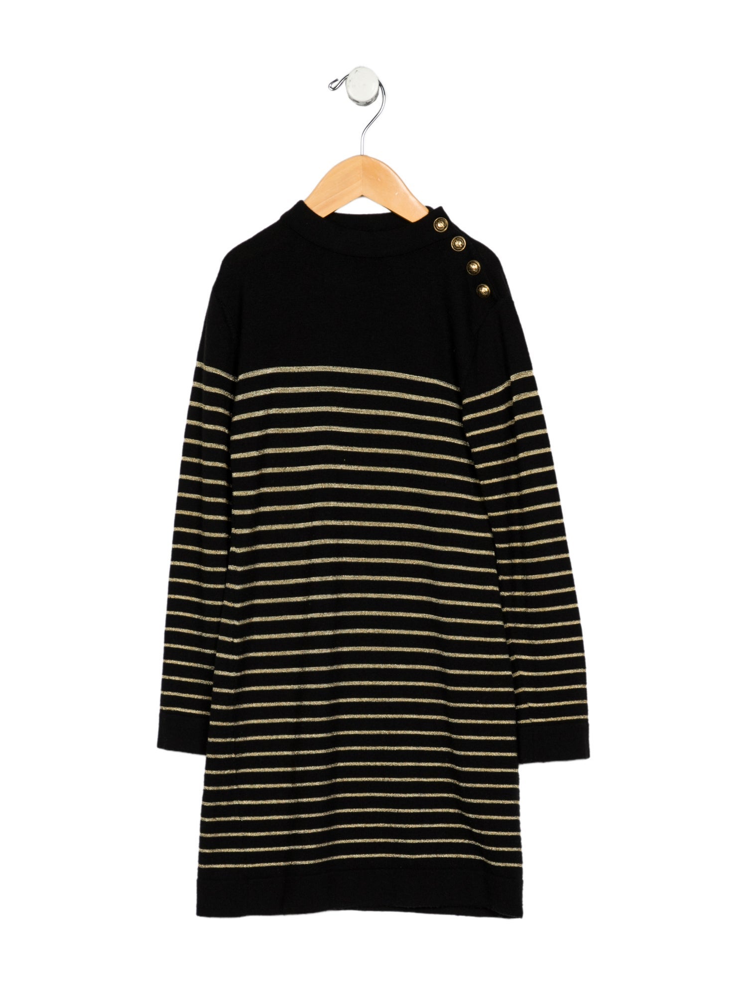 Balmain Wool black and gold patterned long sleeve knit dress with side snap closure