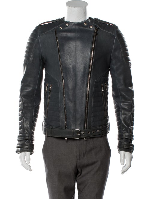 Balmain Leather Moto Jacket Grey
