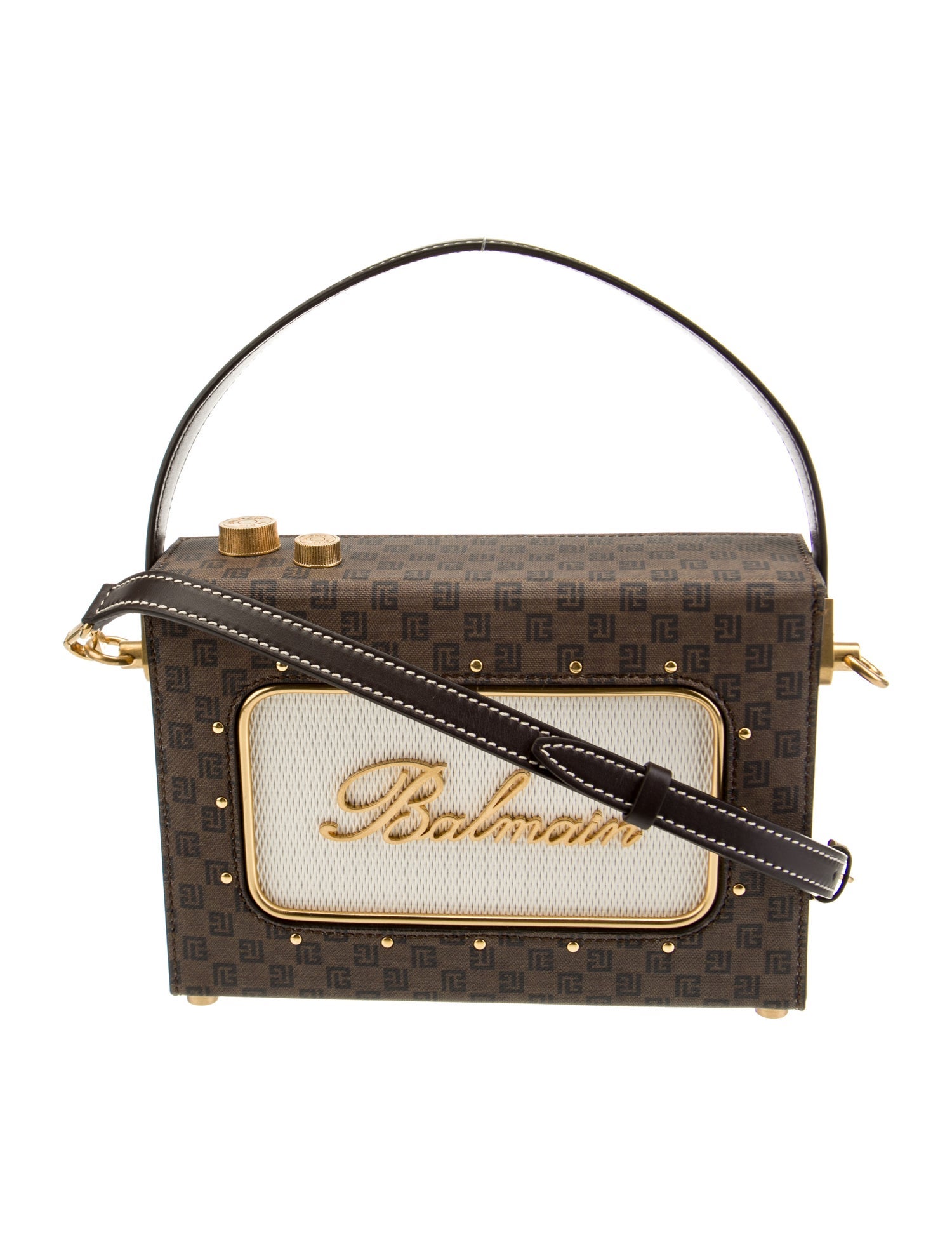 Balmain Printed Coated Canvas Crossbody Bag w/ Tags Brown Handle Bags