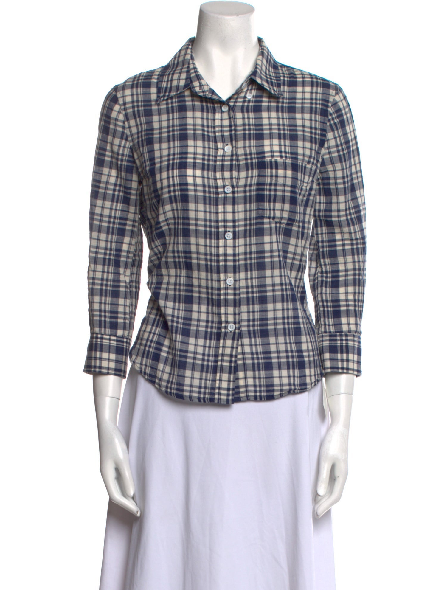 Band of Outsiders Plaid Print Three-Quarter Sleeve Button-Up Top