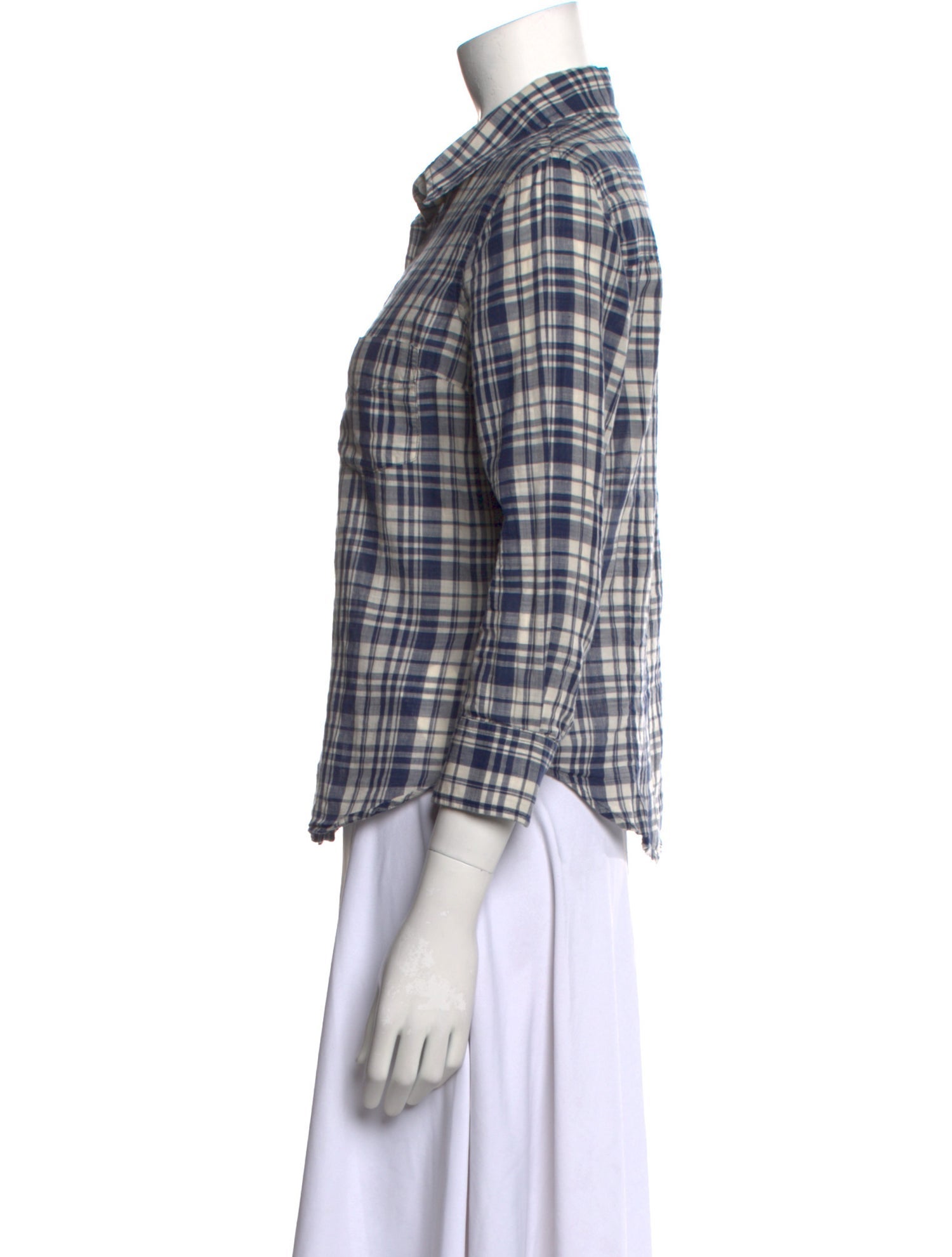Band of Outsiders Plaid Print Three-Quarter Sleeve Button-Up Top