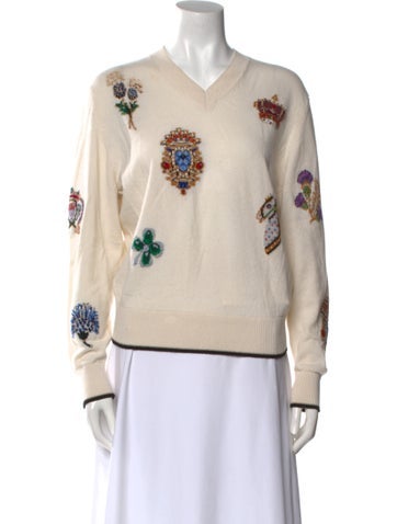 Pre-owned Barrie Cashmere Floral Print Sweater In White