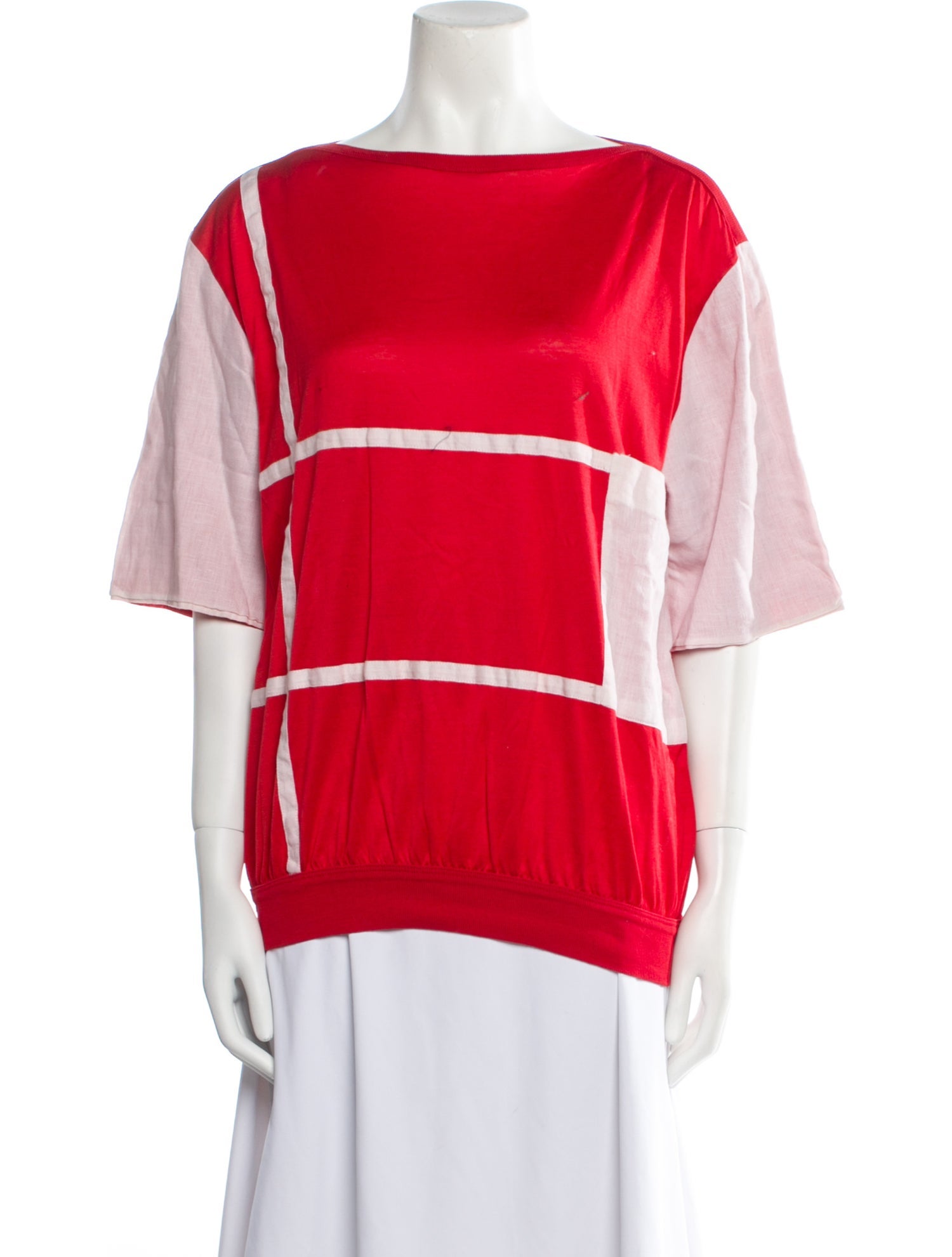 Battaglia Colorblock Pattern Bateau Neckline Blouse