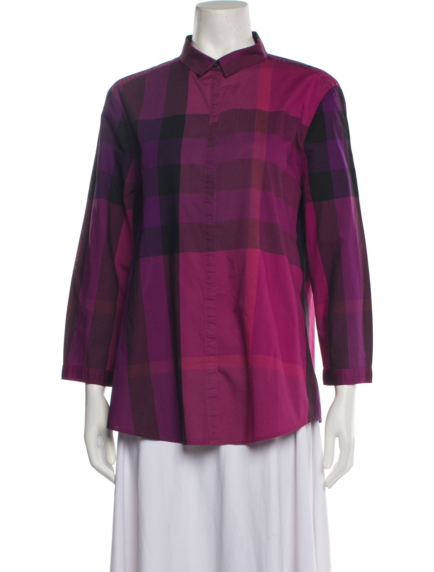 Burberry Brit Plaid Print Three-Quarter Sleeve Button-Up Top
