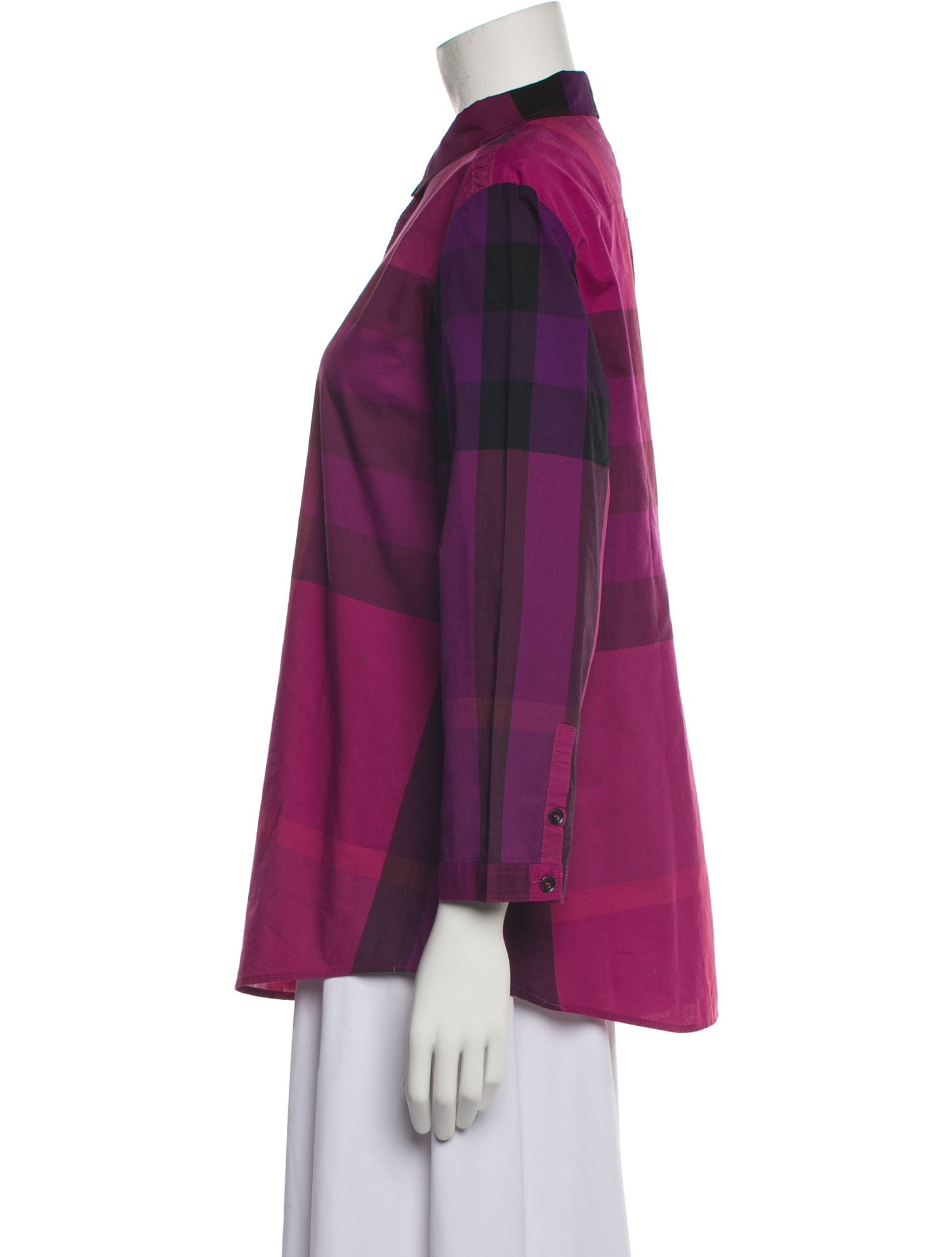 Burberry Brit Plaid Print Three-Quarter Sleeve Button-Up Top