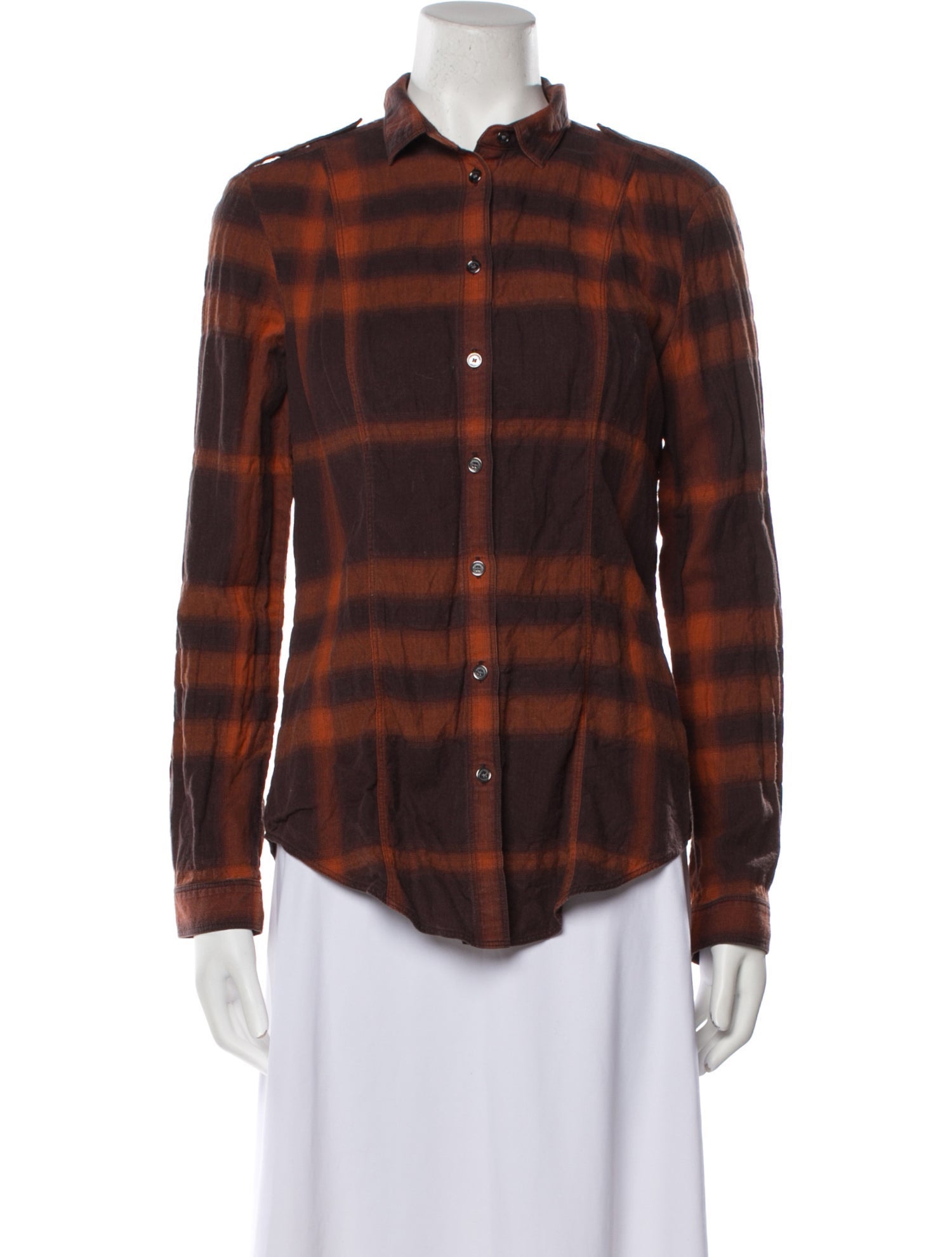 Burberry Brit Plaid Print Long Sleeve Button-Up Top