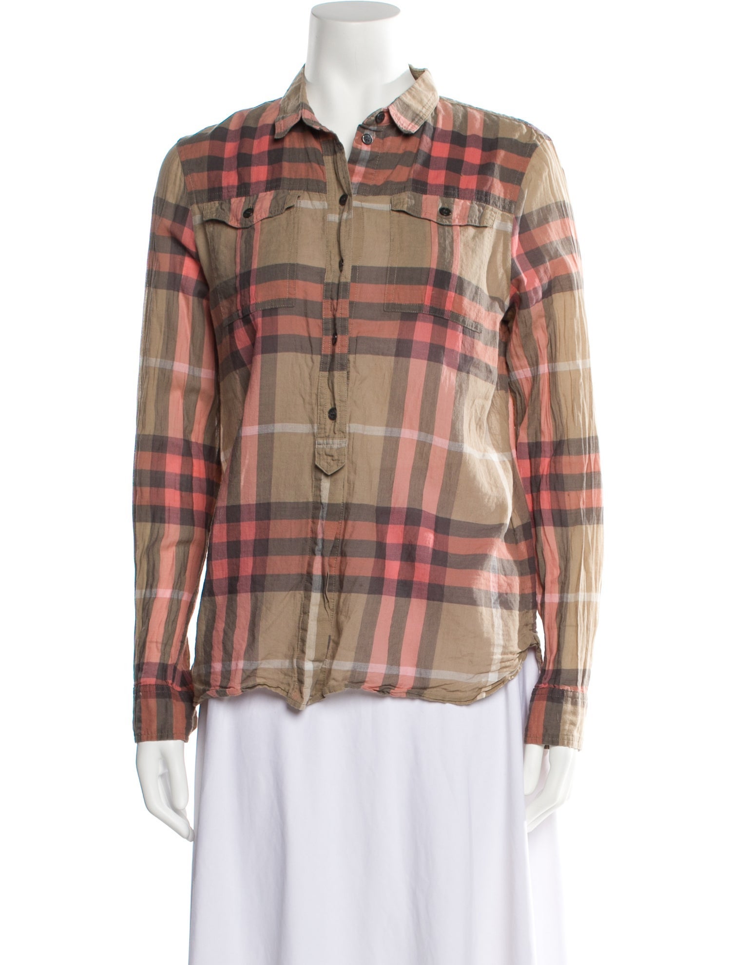 Burberry Brit Plaid Print Long Sleeve Button-Up Top