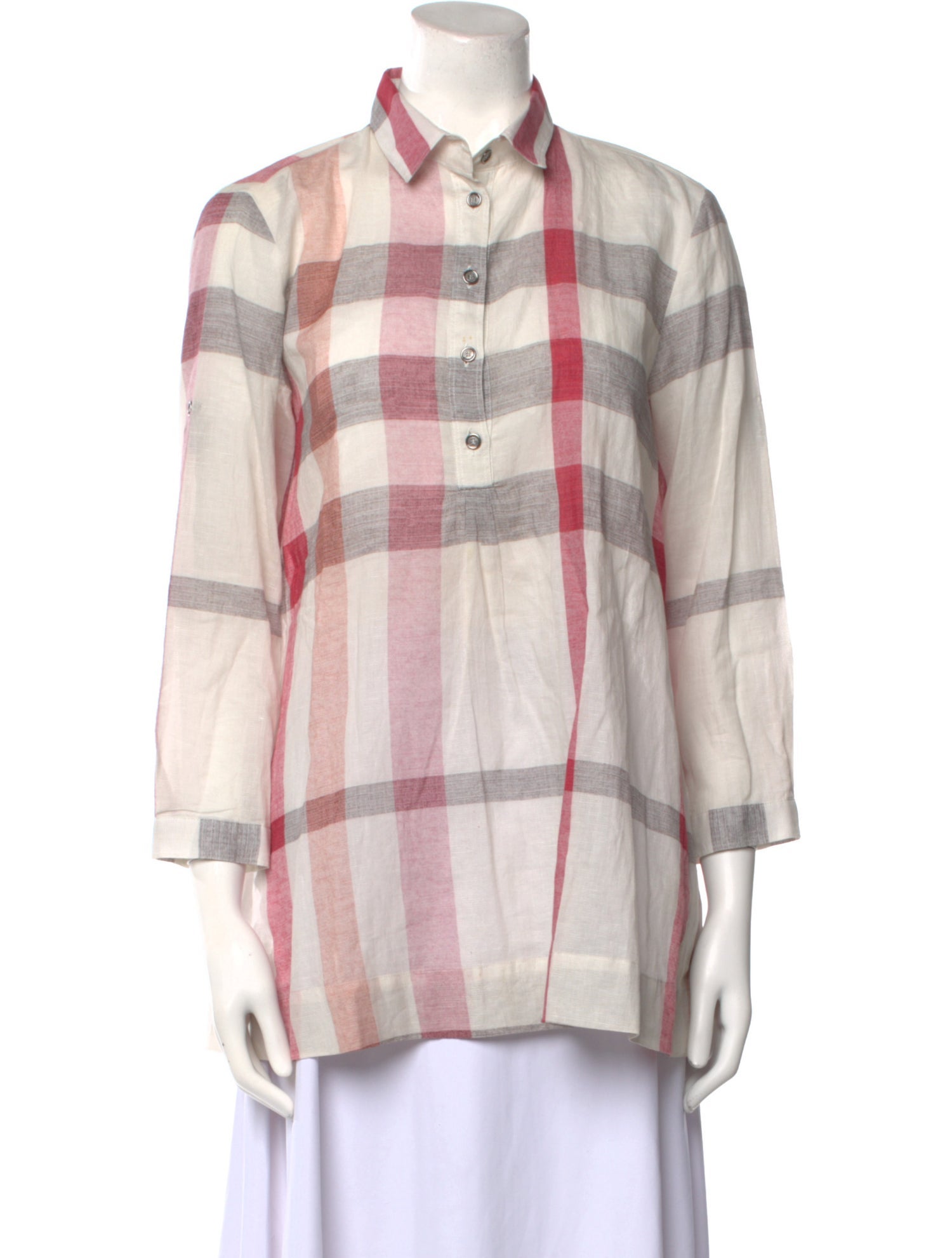 Burberry Brit Plaid Print Three-Quarter Sleeve Button-Up Top